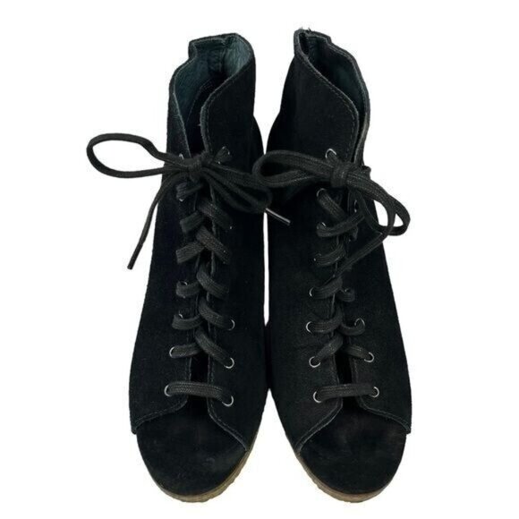 Ugg Elyse Black Leather Open Toe Lace Up Wedge Womens Booties Size 7 - Picture 6 of 12